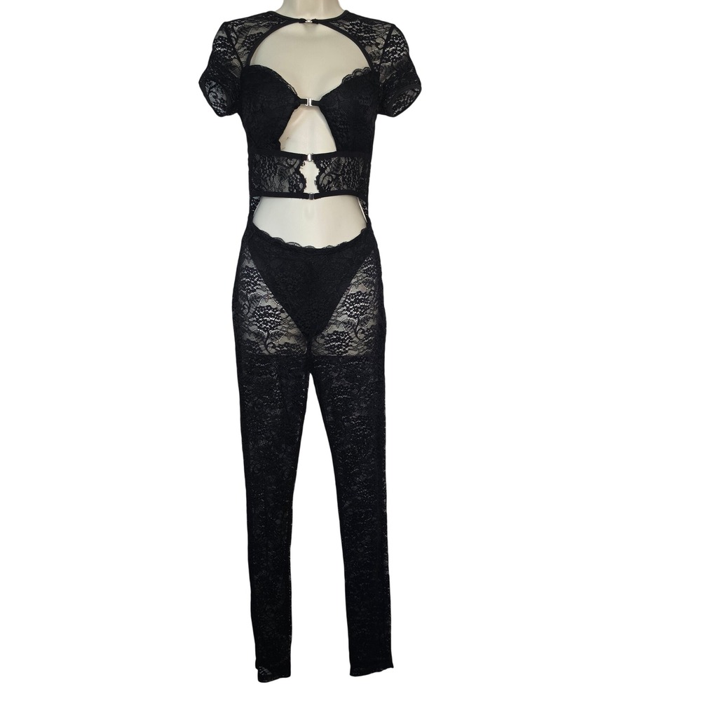 Fashion Nova Jumpsuit Womens S Black Lace Cutout Sheer Floral Clubwear Party